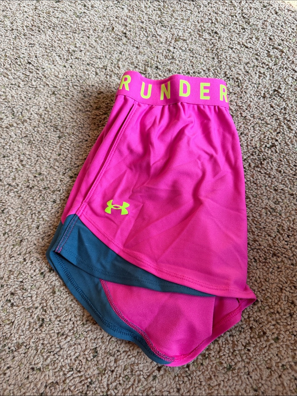 Under Armour Hot Pink Skort with Neon Yellow Logo and Teal Inner Shorts